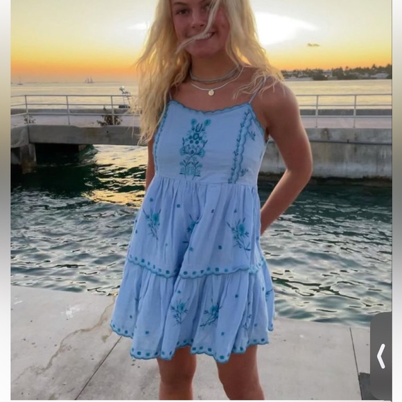 Urban Outfitters UO Blue Hanna flower Embroidered Scalloped Babydoll Mini Dress - Picture 3 of 16